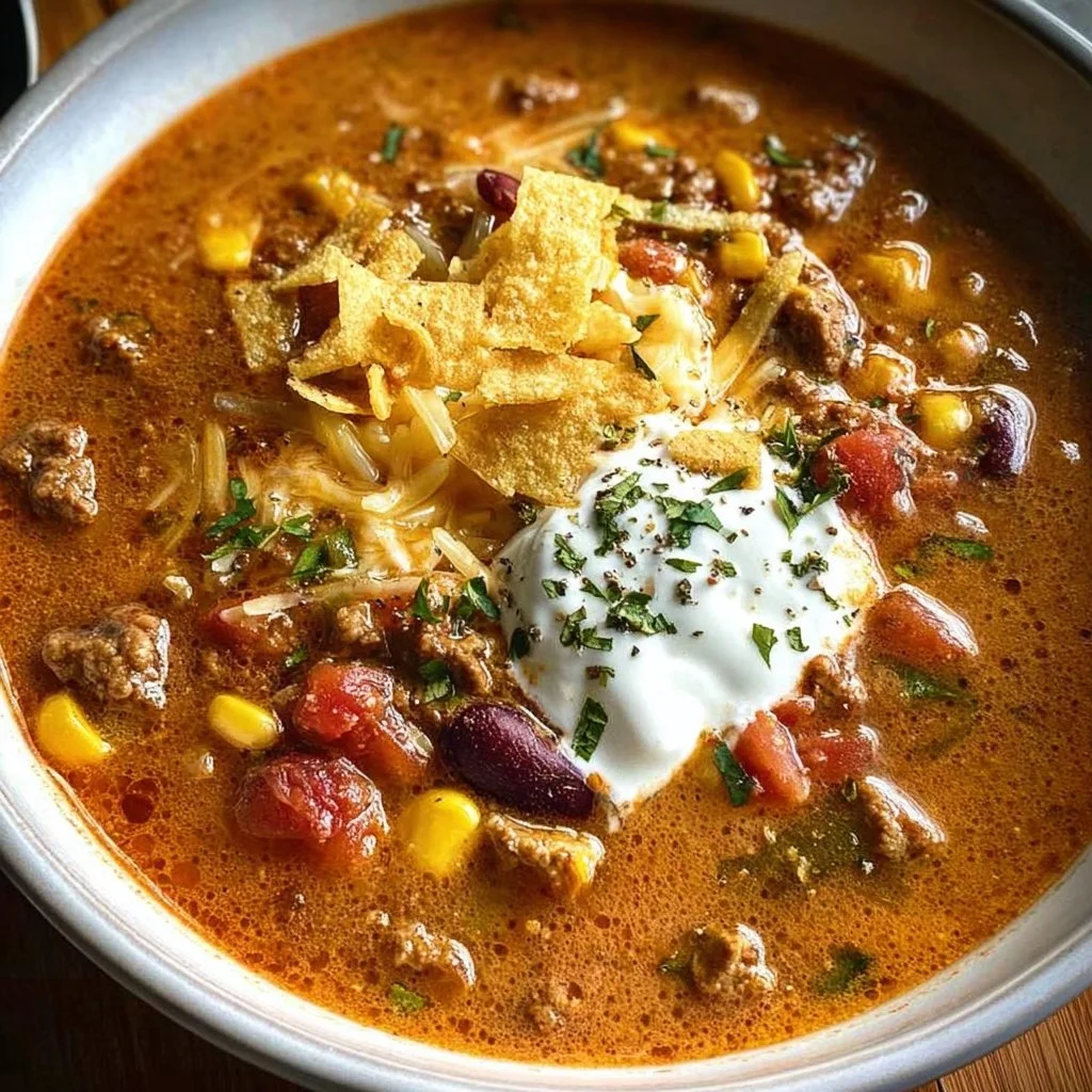 Creamy beef taco soup garnished with fresh cilantro and tortilla chips.