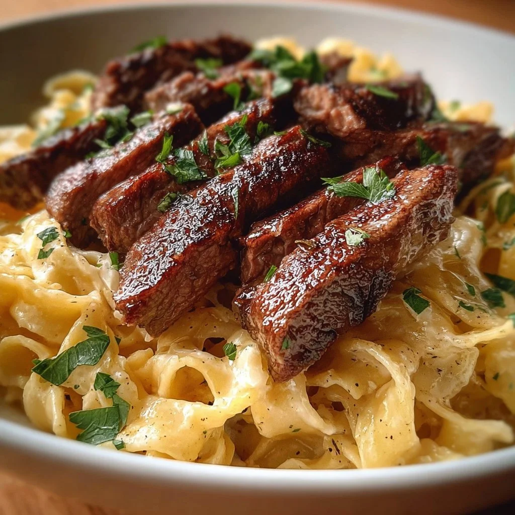 Creamy butter steak served with pasta in a rich sauce