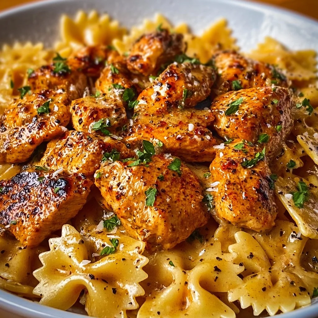 Creamy Cajun Chicken Bowtie Pasta Skillet topped with fresh herbs