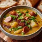 Bowl of creamy Cajun potato soup topped with herbs and spices