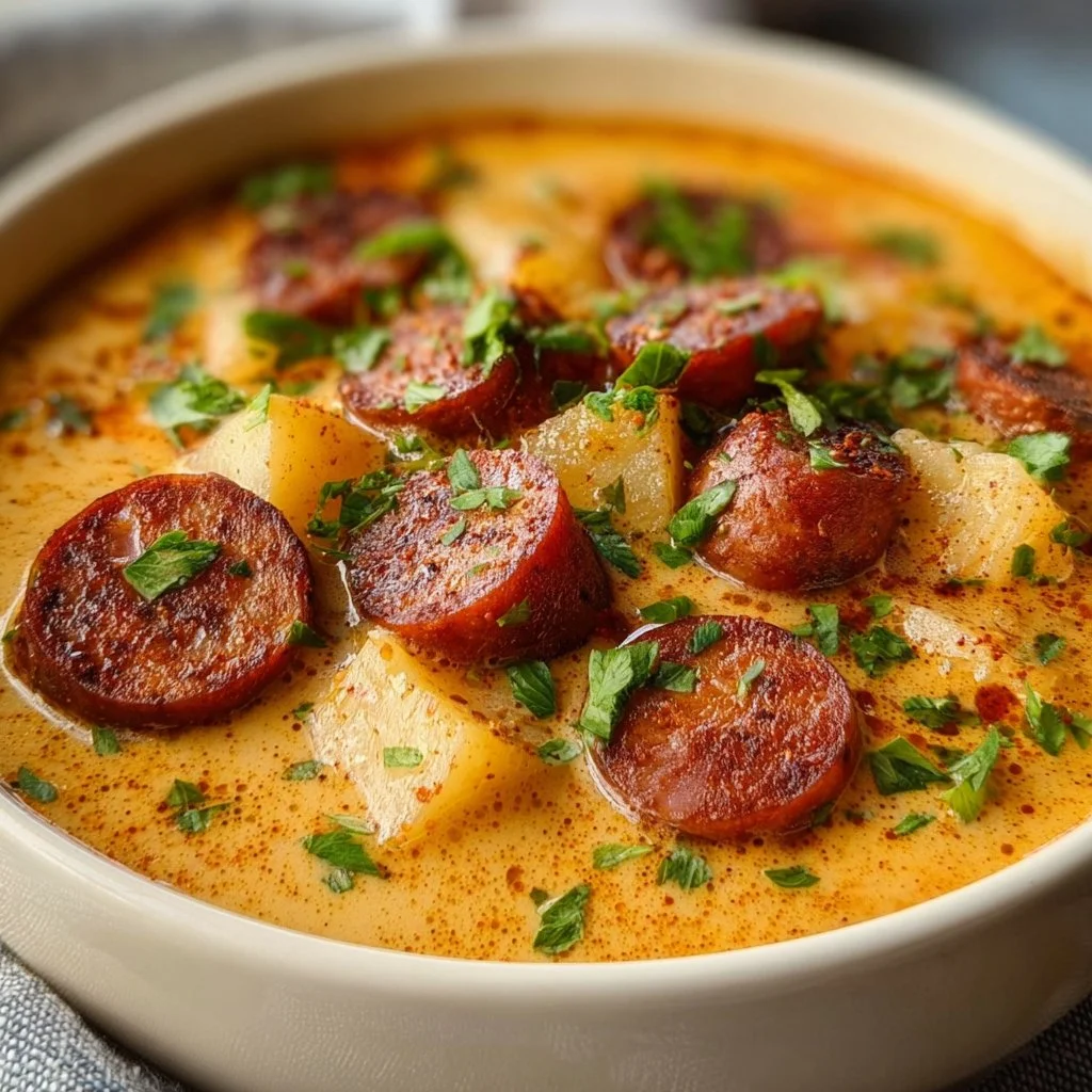 Bowl of creamy Cajun potato soup with andouille sausage, garnished with herbs.