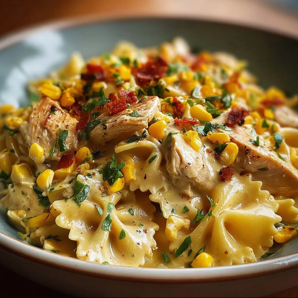 Creamy chicken and corn pasta dish served in a bowl