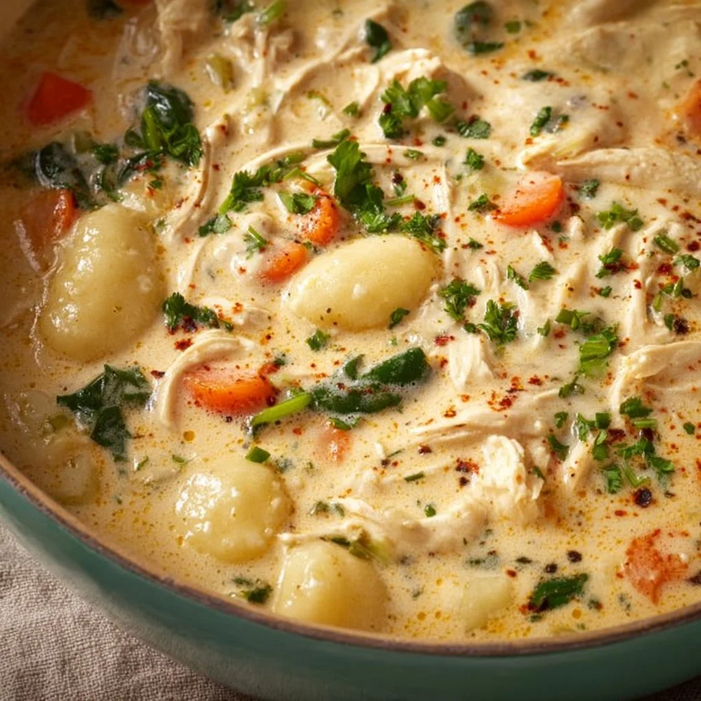 Bowl of creamy Chicken Gnocchi Soup with chicken, gnocchi, and vegetables