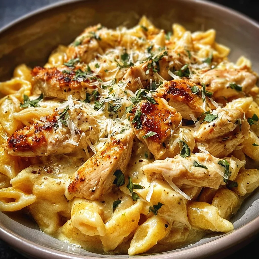 Creamy Chicken Pasta cooked in a crockpot, showcasing its rich texture and flavors.