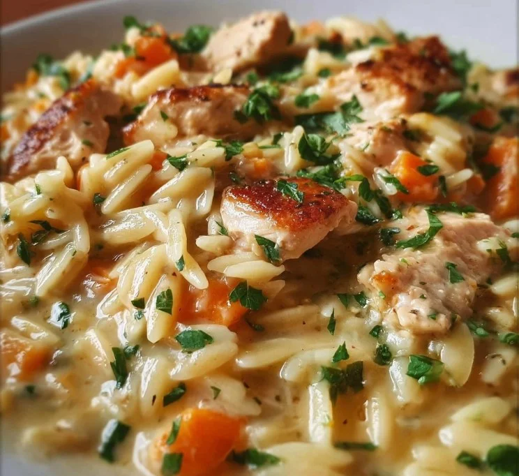 Creamy chicken pot orzo dish garnished with herbs on a wooden table.