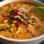 Bowl of creamy Chicken Taco Soup garnished with cilantro and lime