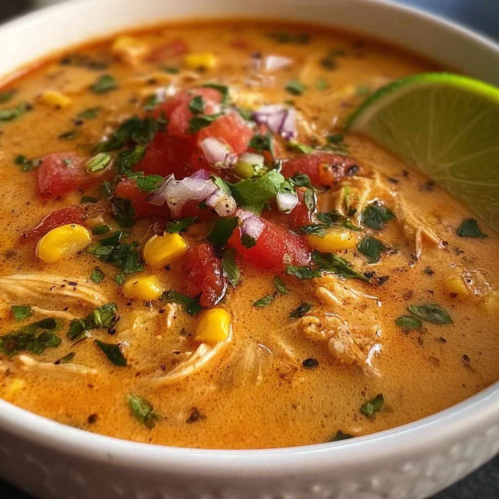 Bowl of creamy Chicken Taco Soup garnished with cilantro and lime