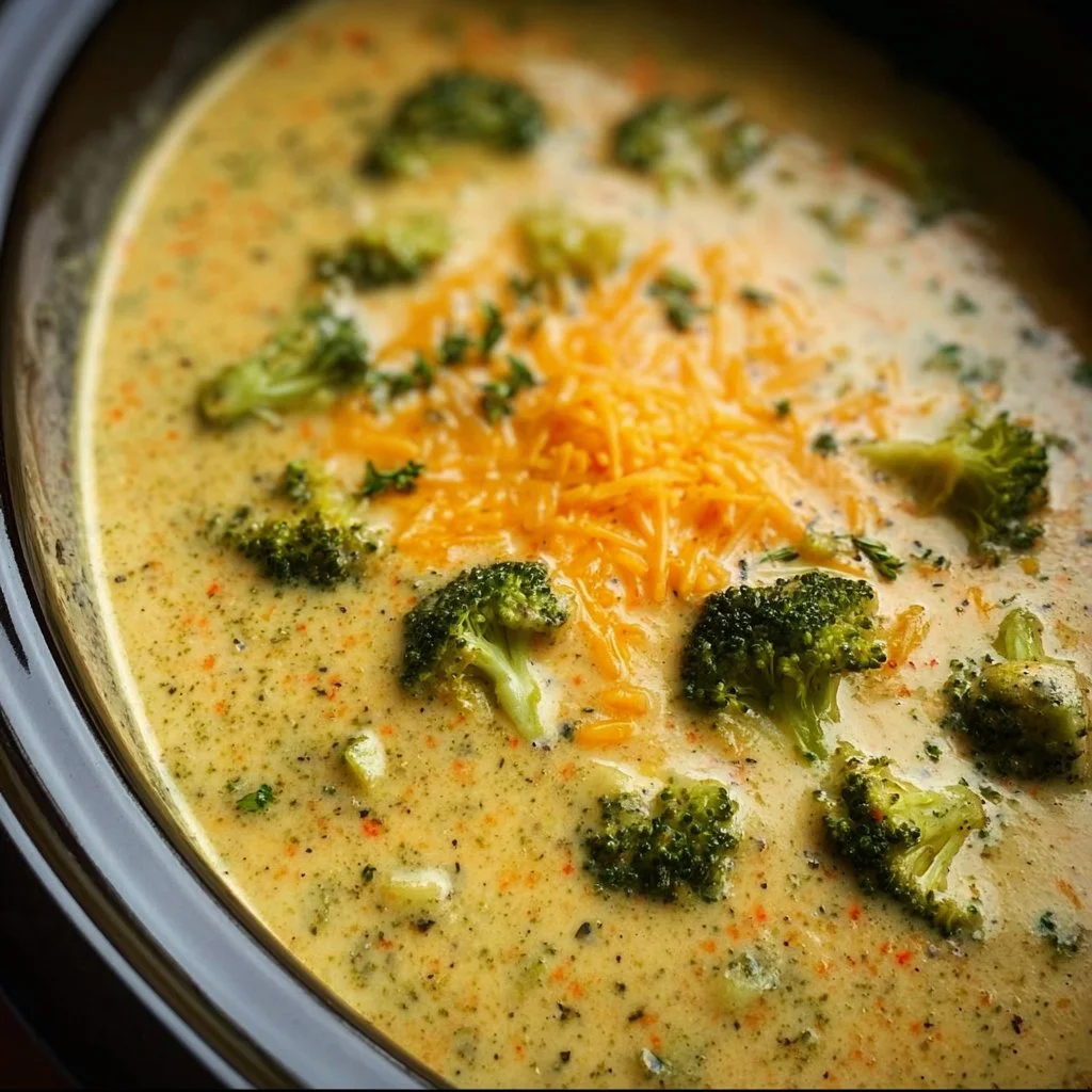 Bowl of creamy crockpot broccoli cheddar soup garnished with cheese and broccoli