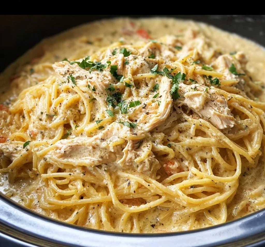 Creamy crockpot chicken spaghetti served in a bowl with herbs