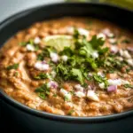 Creamy crockpot refried beans in a bowl, garnished with cilantro and spices