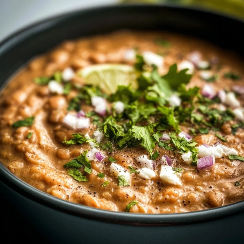 Creamy crockpot refried beans in a bowl, garnished with cilantro and spices