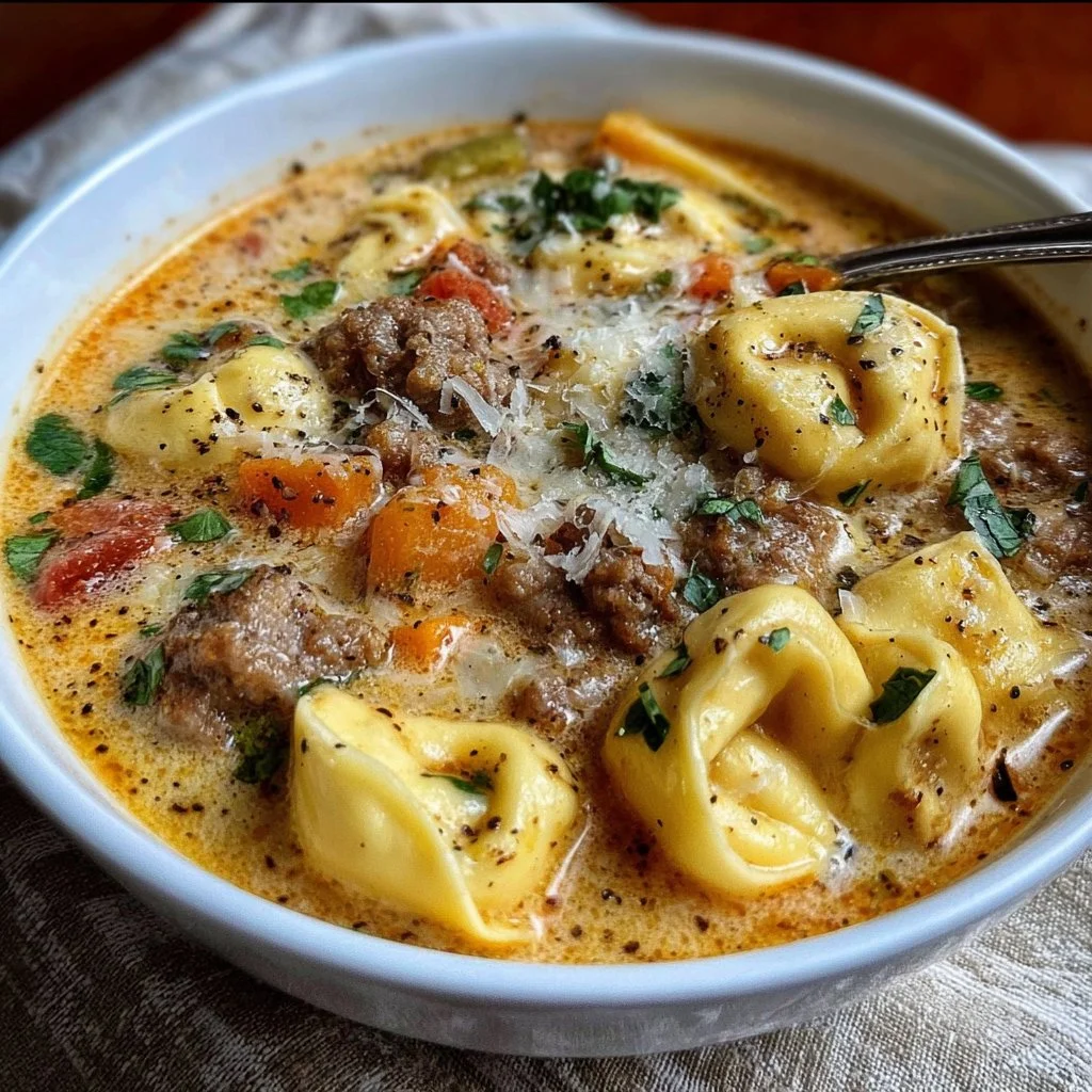 Creamy crockpot tortellini soup with sausage served in a bowl