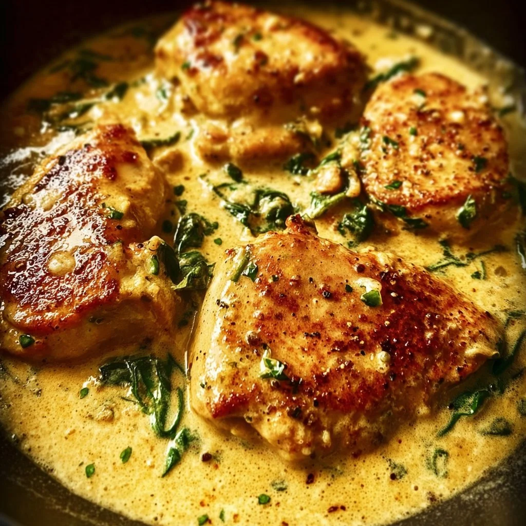 Delicious Creamy Dijon Chicken served with herbs and vegetables