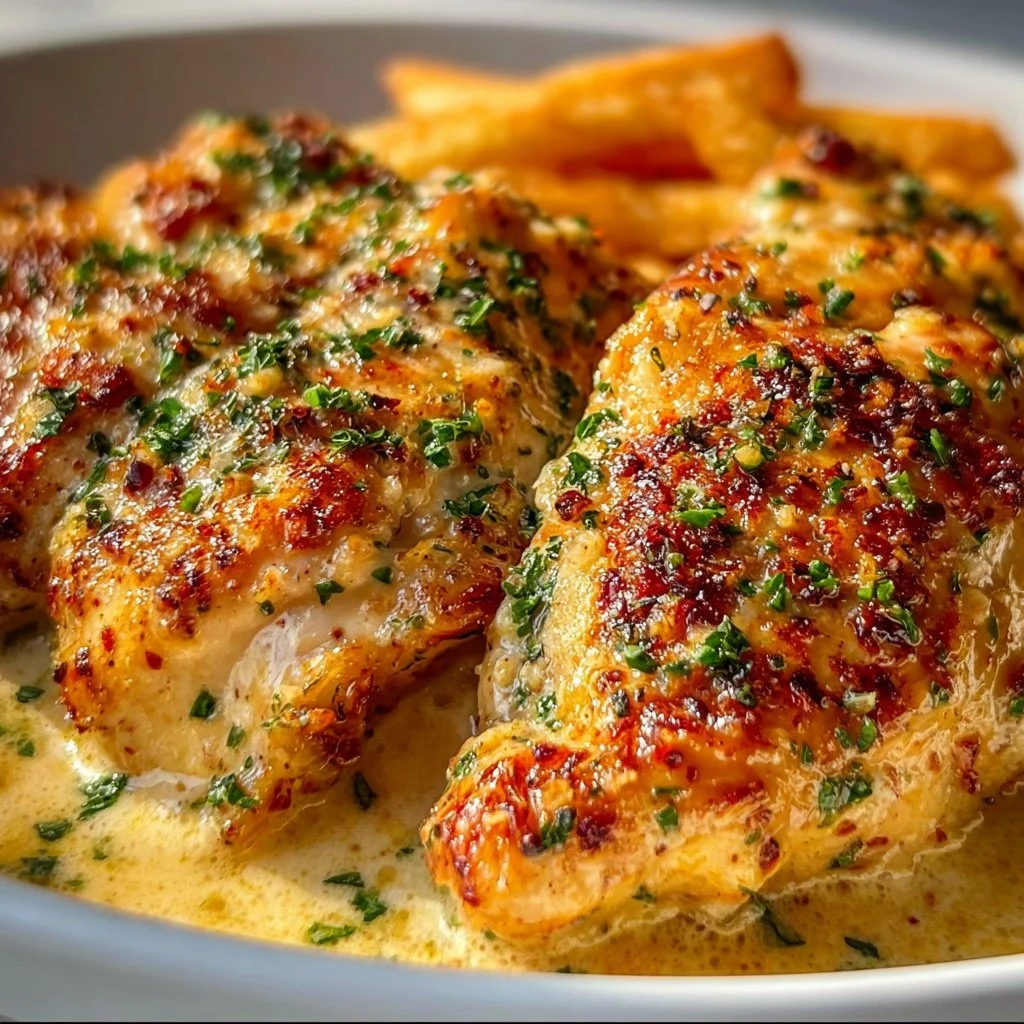 Creamy Garlic-Parmesan Chicken served with herbs and spices