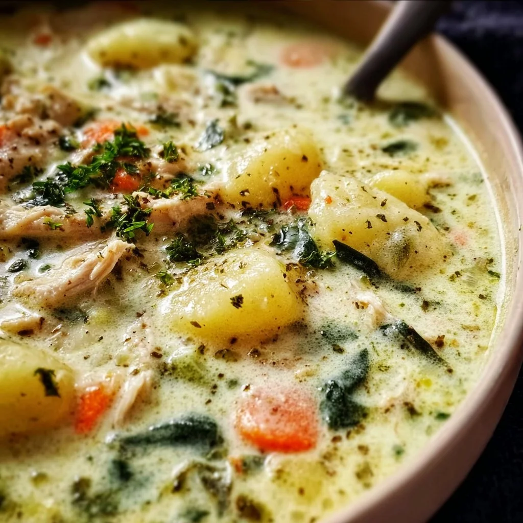Bowl of creamy gnocchi chicken soup garnished with herbs