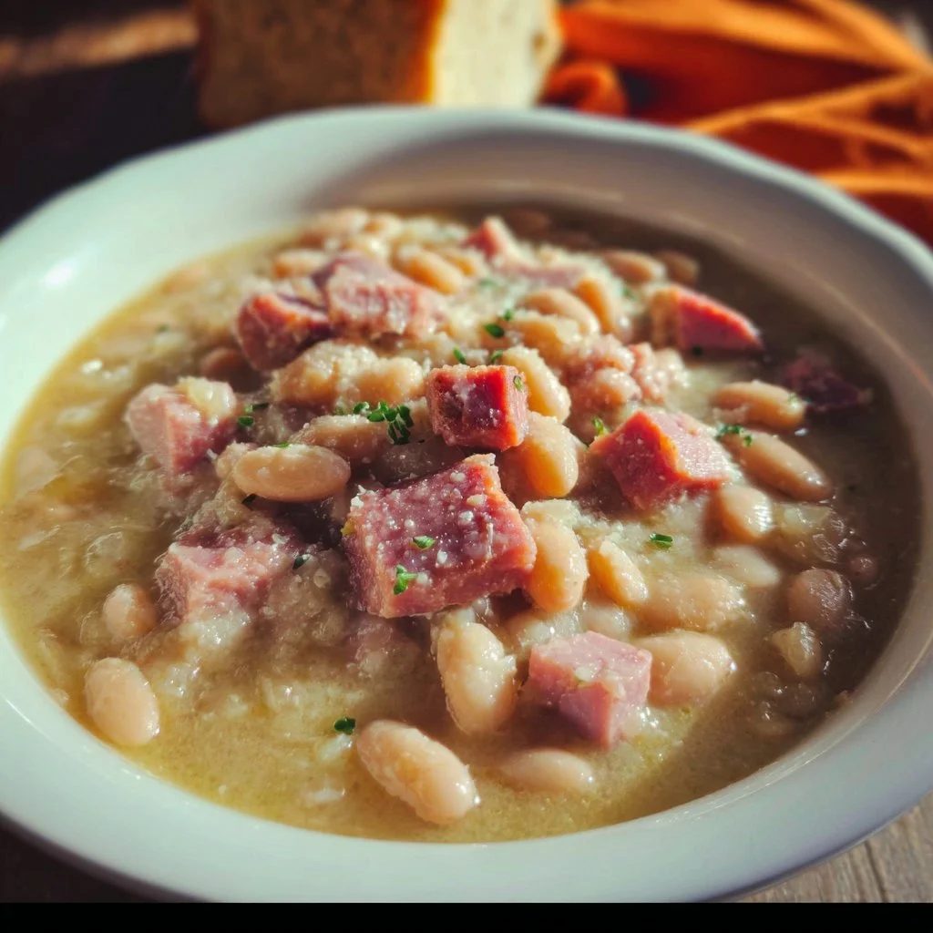 Bowl of creamy ham and beans garnished with herbs and served warm.