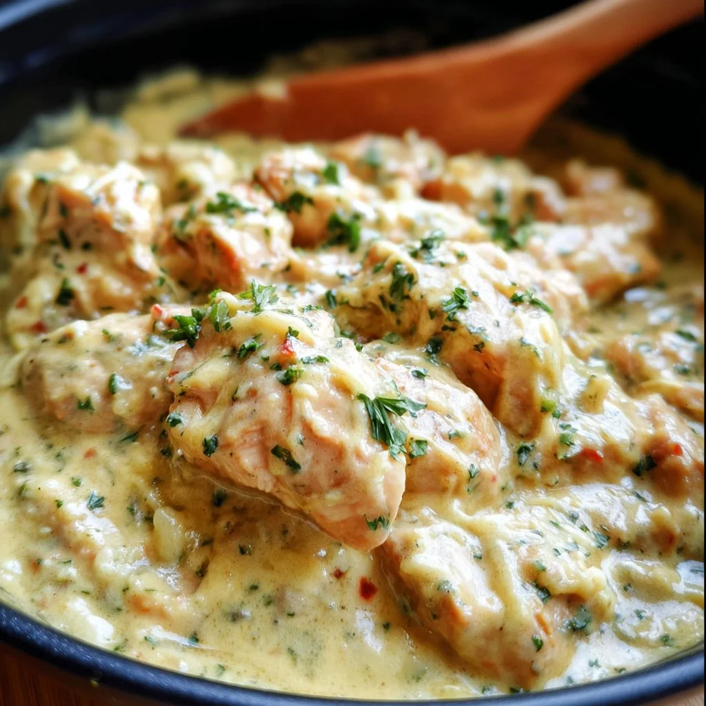 Creamy Italian chicken served with herbs and vegetables on a plate.