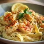 Creamy lemon shrimp pasta with fresh herbs and lemon zest garnish.