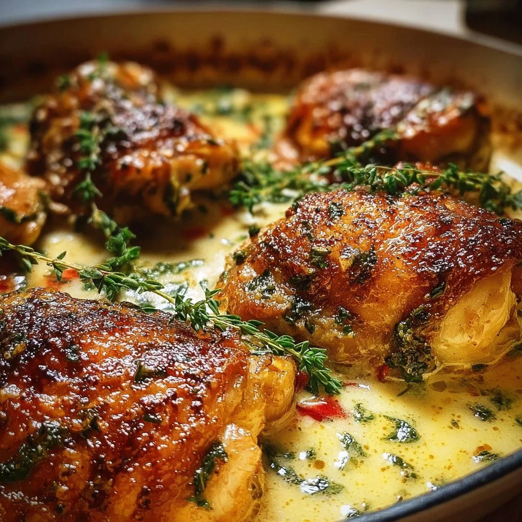 Creamy oven baked chicken thighs served with vegetables on a plate
