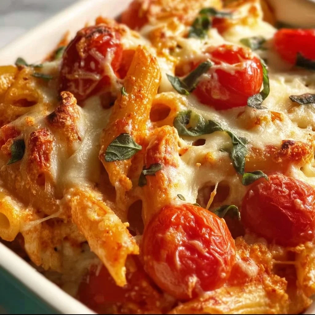 Creamy pasta bake with cherry tomatoes and fresh basil in a baking dish.