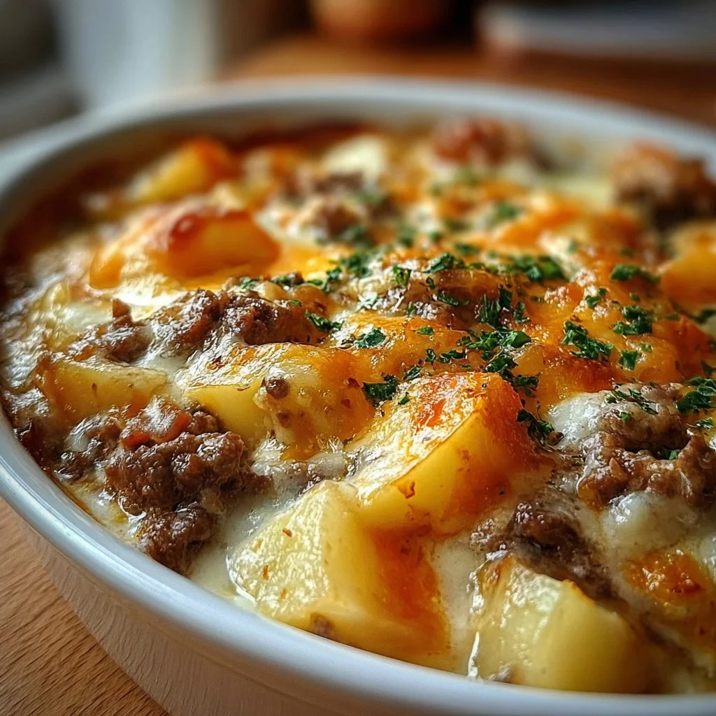 Creamy potato beef casserole with layers of tender beef and potatoes