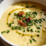 Delicious creamy potato leek soup served in a bowl with fresh herbs on top