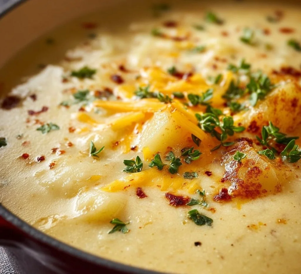 A bowl of creamy potato soup garnished with chives and pepper