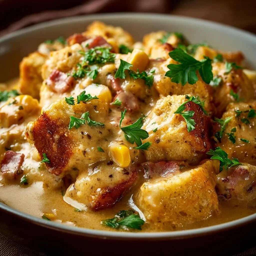 Creamy ranch chicken in a crock pot, garnished with herbs