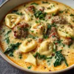 Creamy sausage tortellini soup in a cozy bowl garnished with herbs.