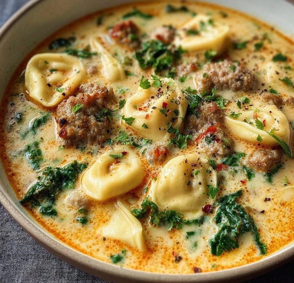 Creamy sausage tortellini soup in a cozy bowl garnished with herbs.