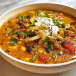 Bowl of creamy taco soup topped with cheese and tortilla chips