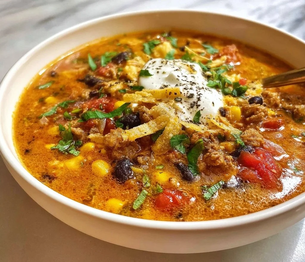 Bowl of creamy taco soup topped with cheese and tortilla chips