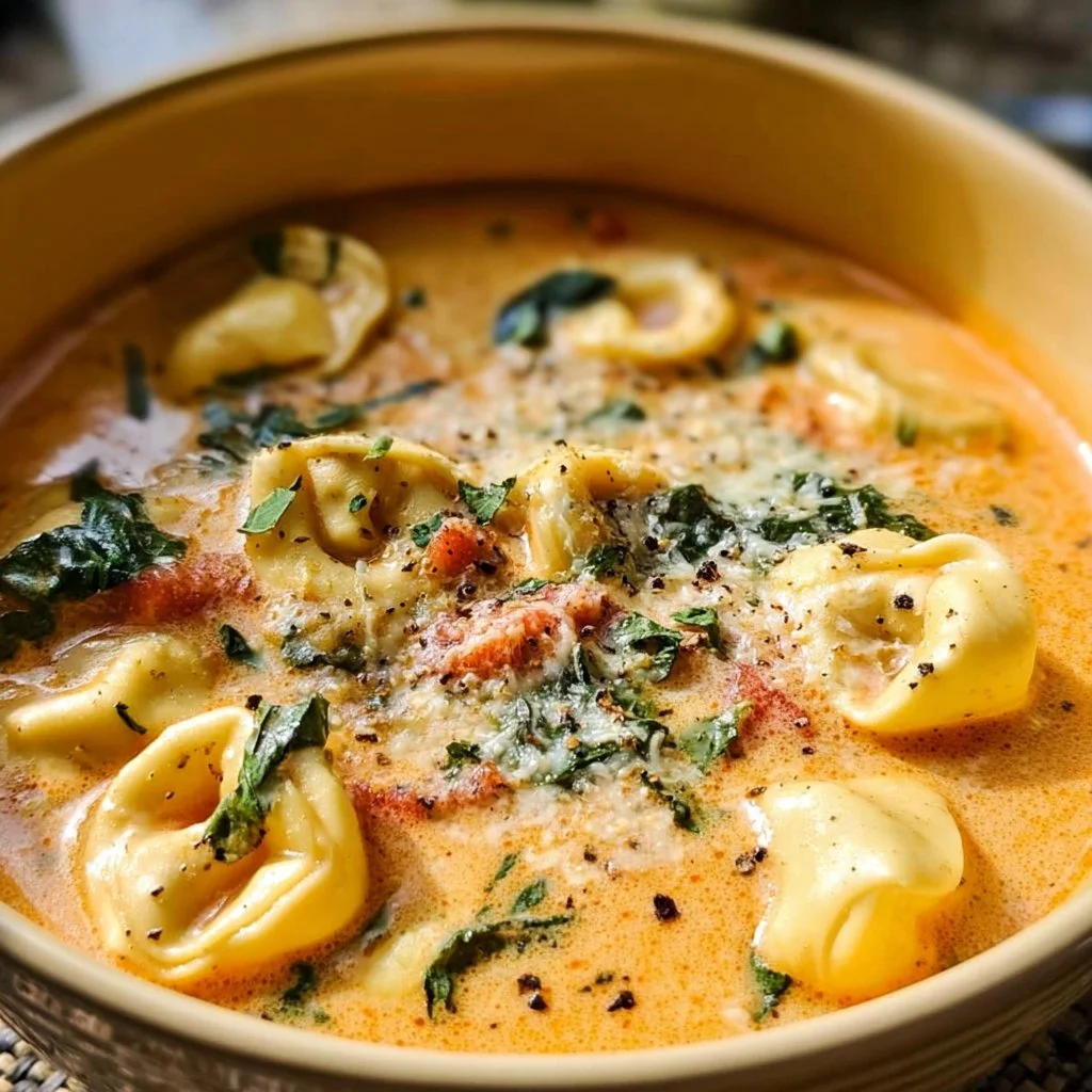 Bowl of creamy tortellini soup topped with herbs and cheese