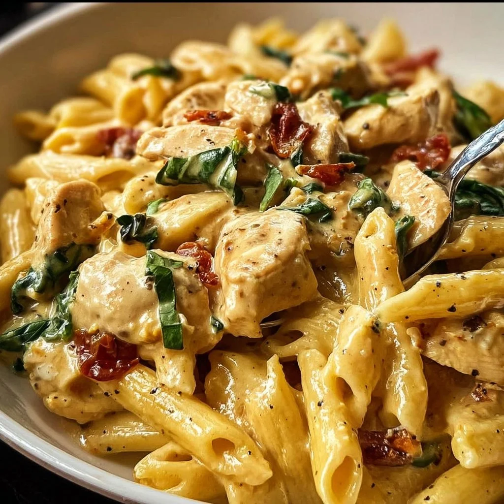 Creamy Tuscan chicken pasta with sun-dried tomatoes and spinach