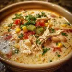 Bowl of creamy white chicken chili garnished with cilantro and lime