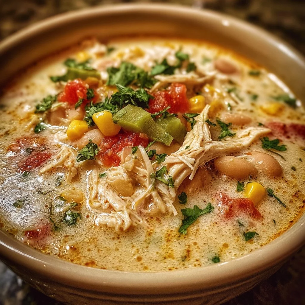 Bowl of creamy white chicken chili garnished with cilantro and lime