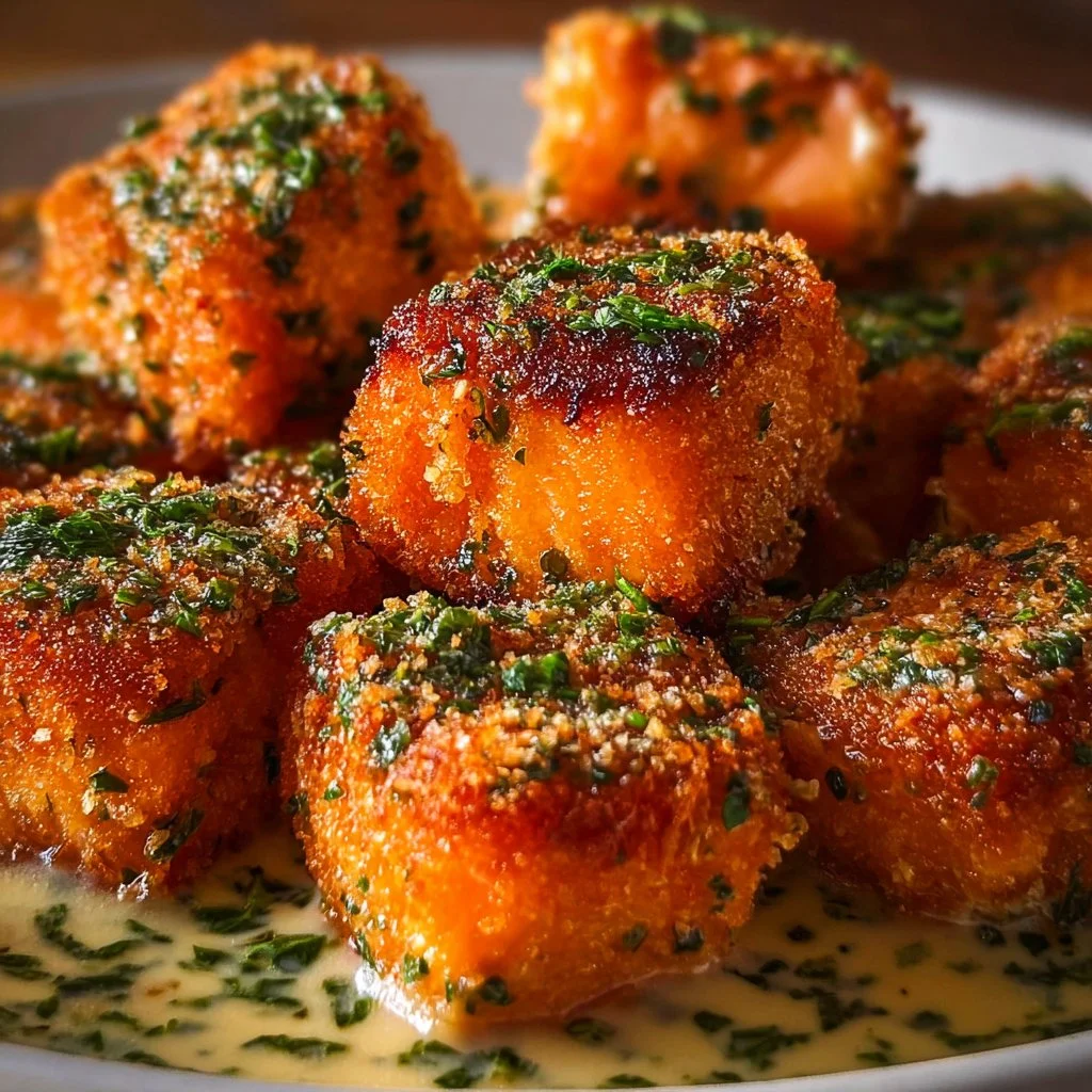 Crispy Bang Bang Salmon bites served on a plate garnished with herbs