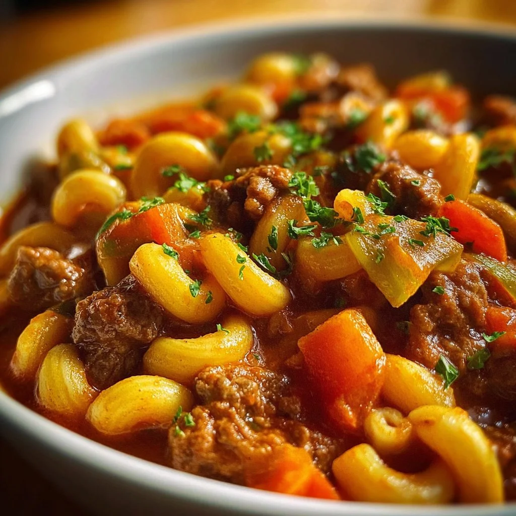 Delicious Crock Pot American Goulash served in a bowl with cheese on top.