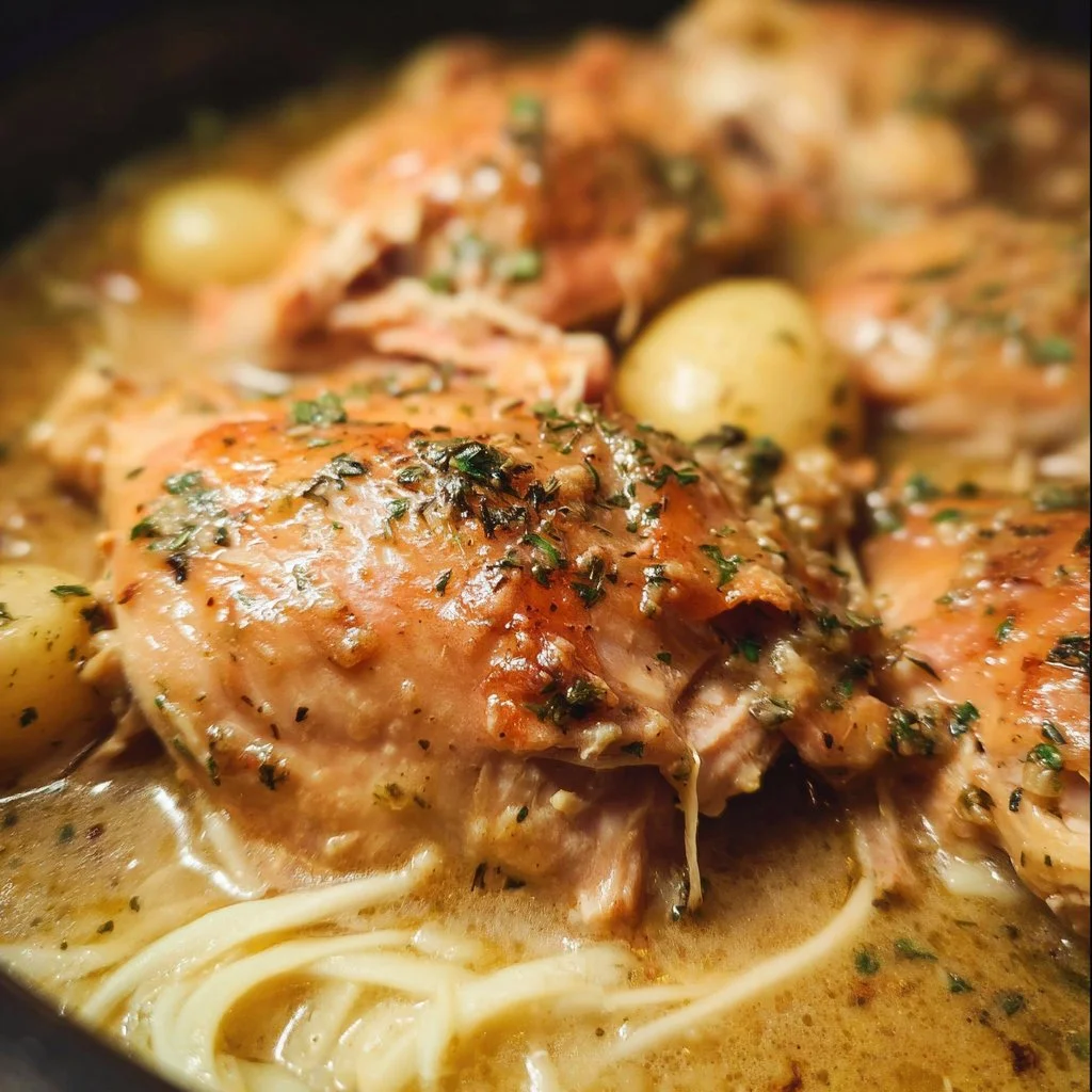 Crock Pot Angel Chicken served with rice and herbs, ready for dinner.