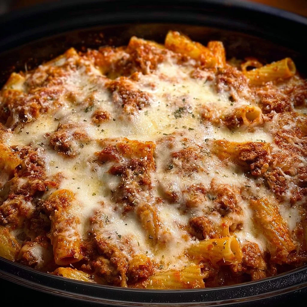 Delicious bowl of Crock Pot Baked Ziti topped with cheese and herbs