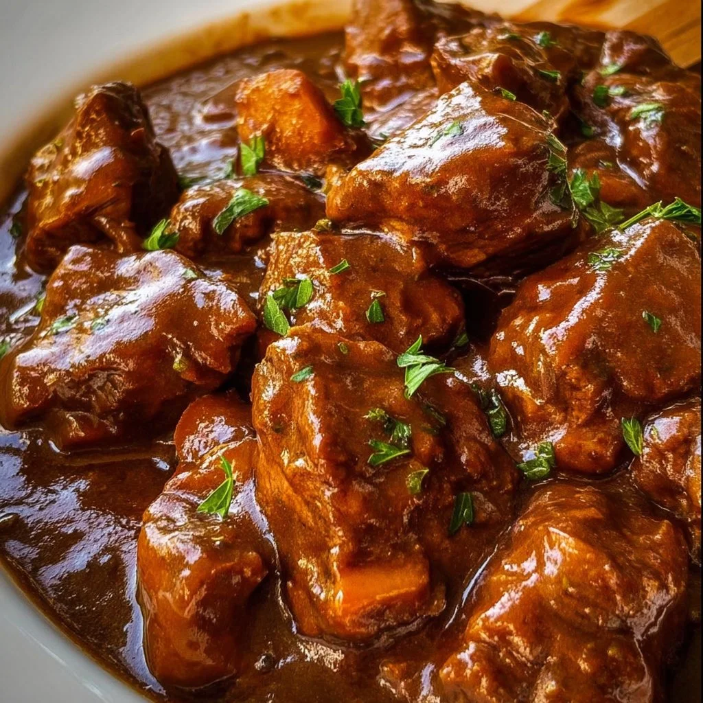 Steaming bowl of Crock Pot beef tips and gravy served with mashed potatoes