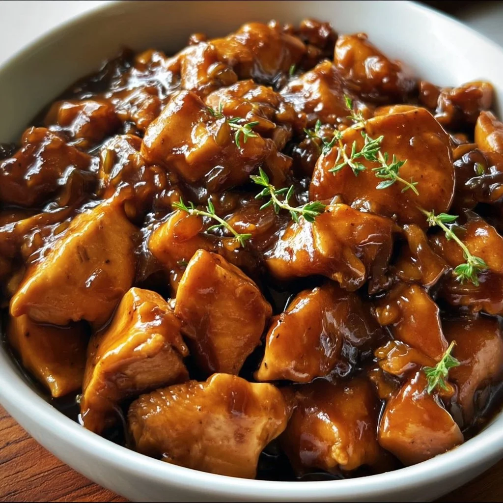 Crock Pot Bourbon Chicken served with rice and garnished with green onions.