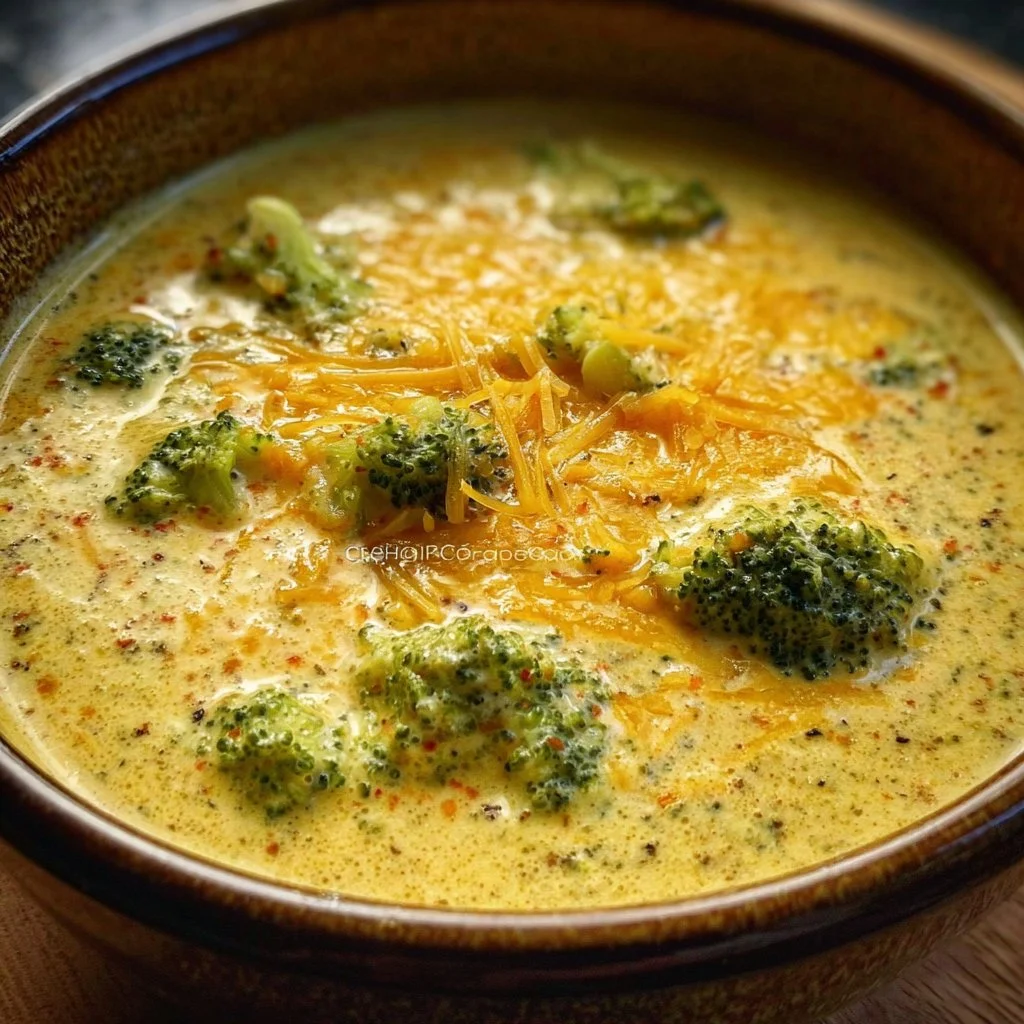 Delicious crock pot broccoli cheddar soup in a bowl with fresh herbs
