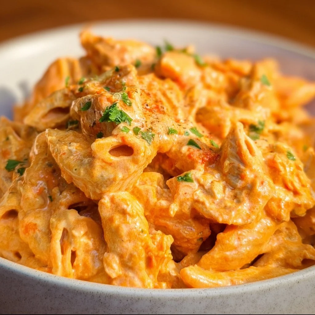 Delicious Crock Pot Buffalo Chicken Pasta garnished with herbs