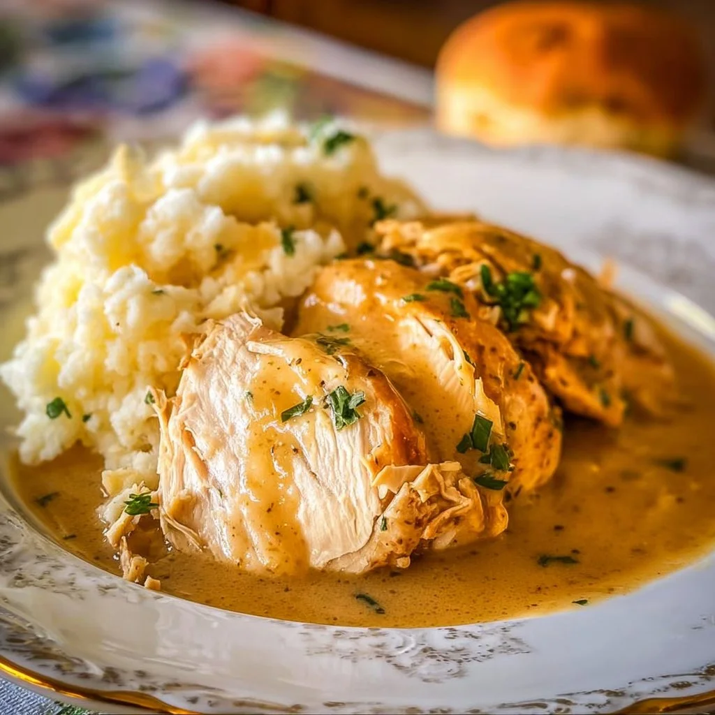 Delicious Crock Pot Chicken and Gravy served with mashed potatoes
