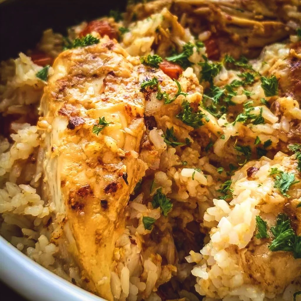 Delicious Crock-Pot chicken and rice casserole in a serving dish