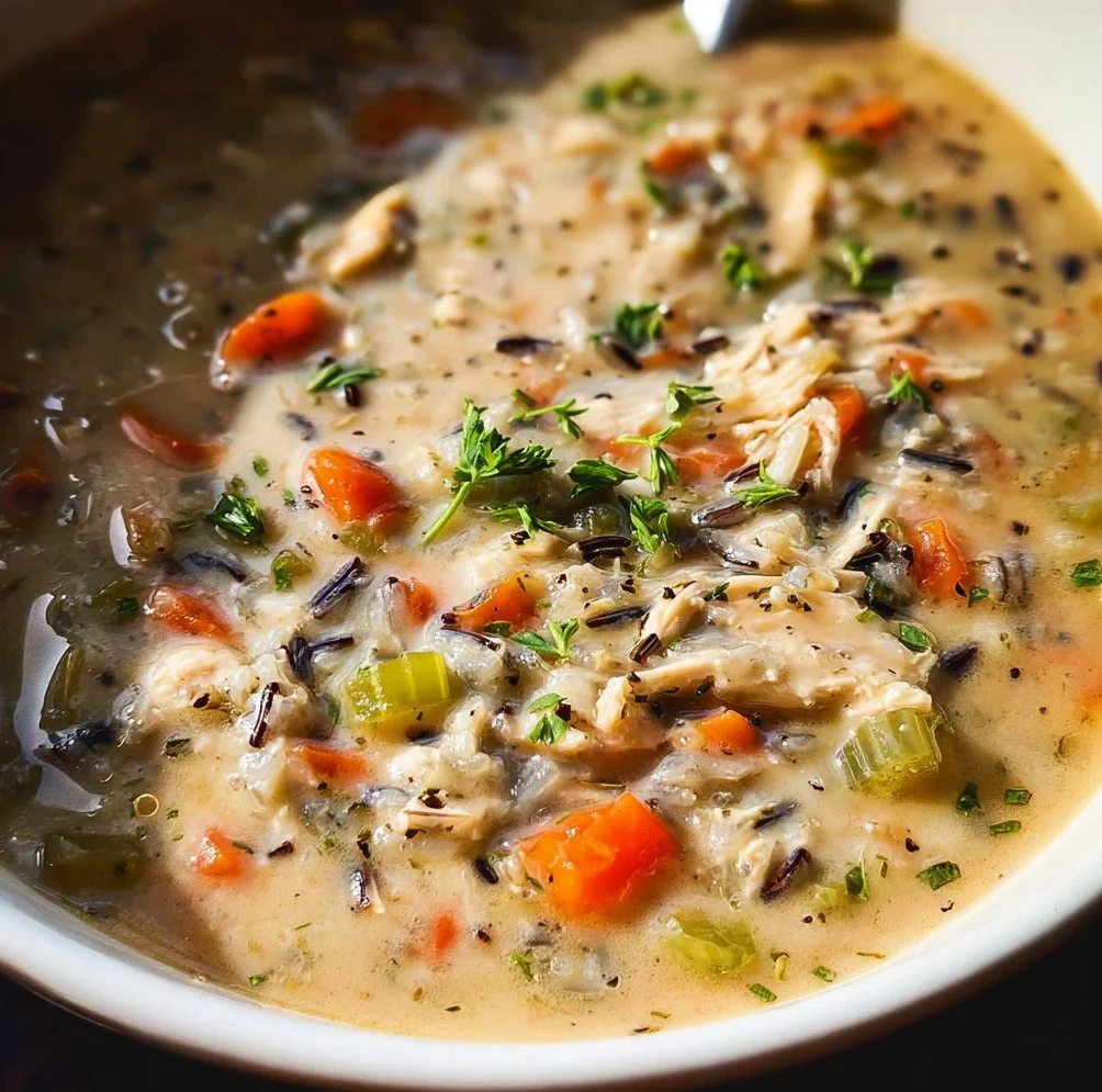 Crock Pot Chicken and Wild Rice Soup in a bowl with fresh herbs garnish