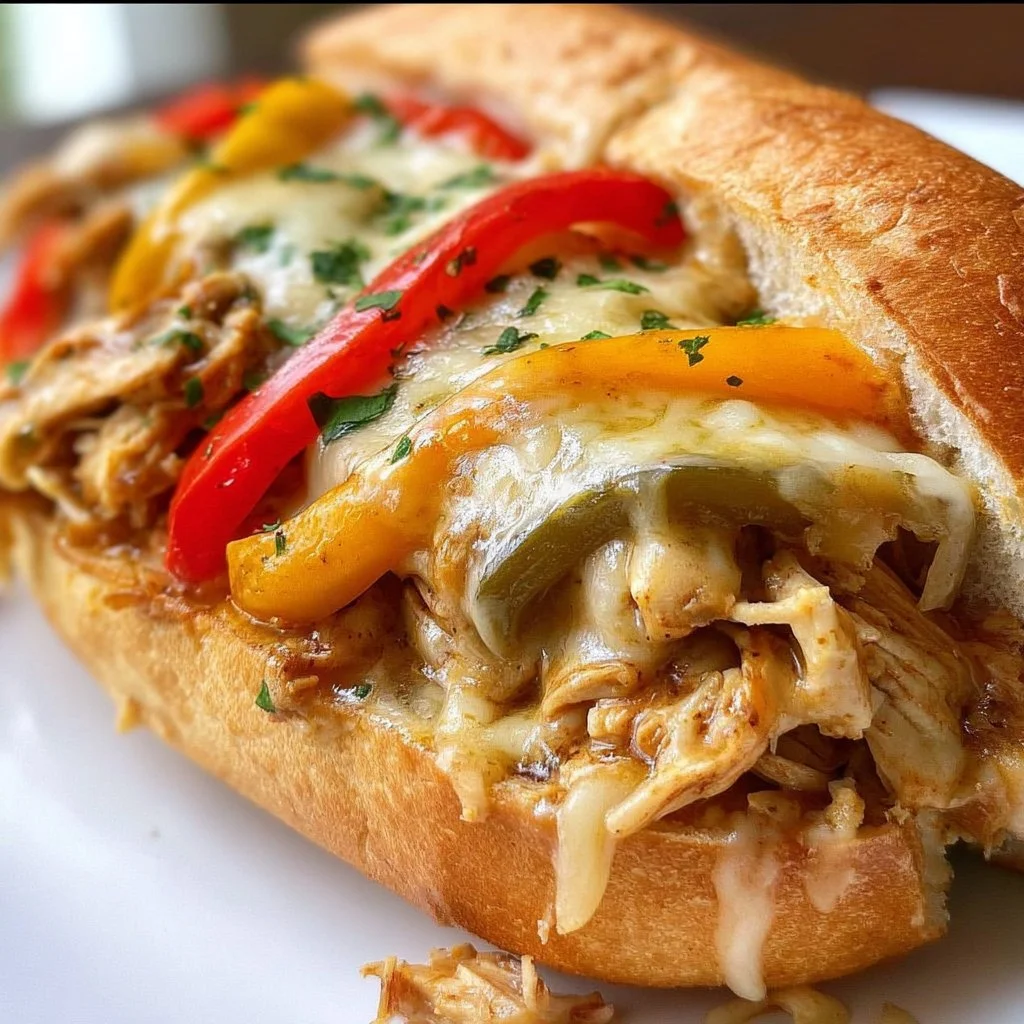 Crock Pot Chicken Cheesesteak with peppers and onions in a sandwich roll