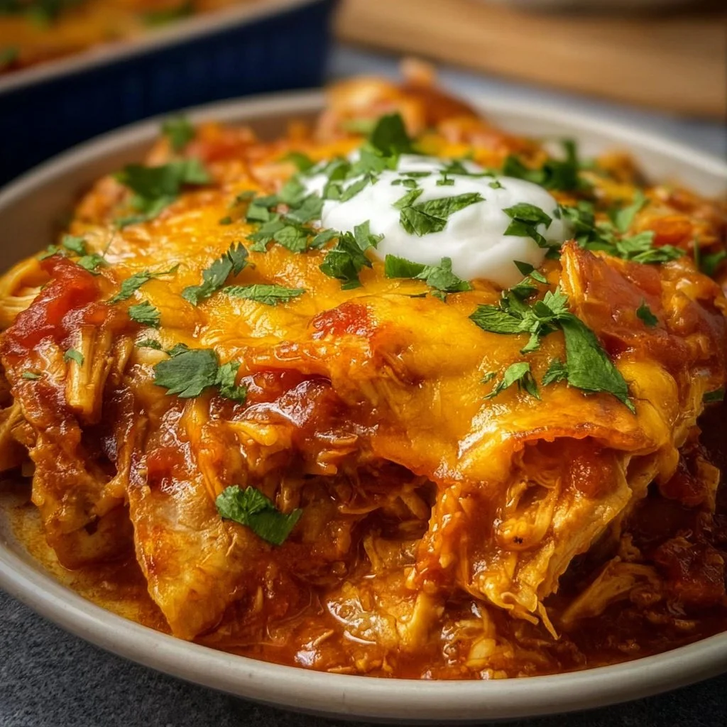 Delicious crock pot chicken enchilada casserole topped with cheese and fresh herbs.