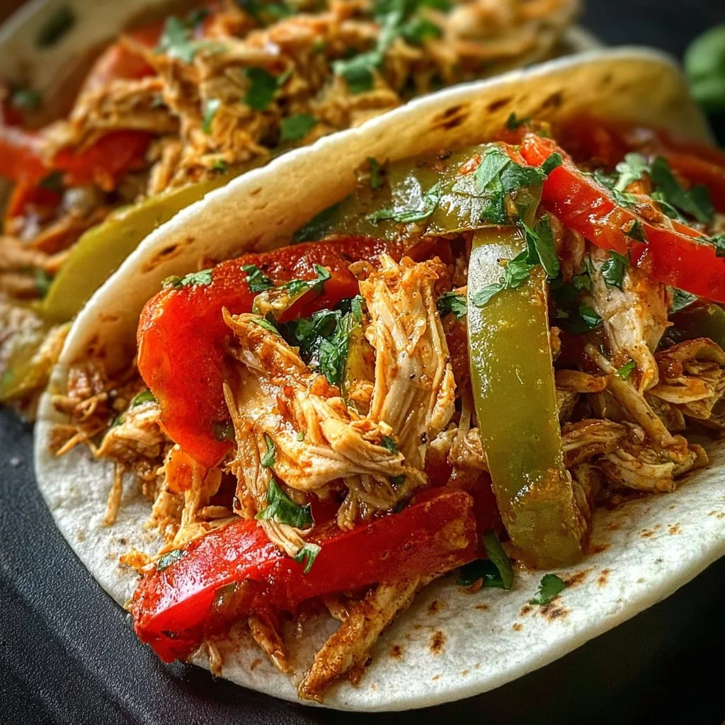 Delicious Crock Pot Chicken Fajitas served with bell peppers and tortillas